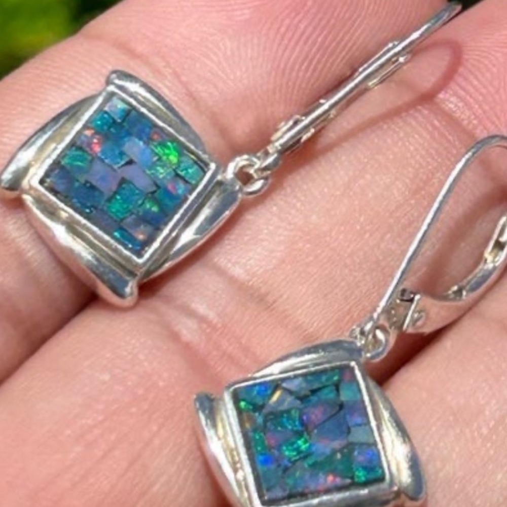 Vintage sterling silver Whitney Kelly Opal Mosaic square drop earrings - Picture 12 of 13